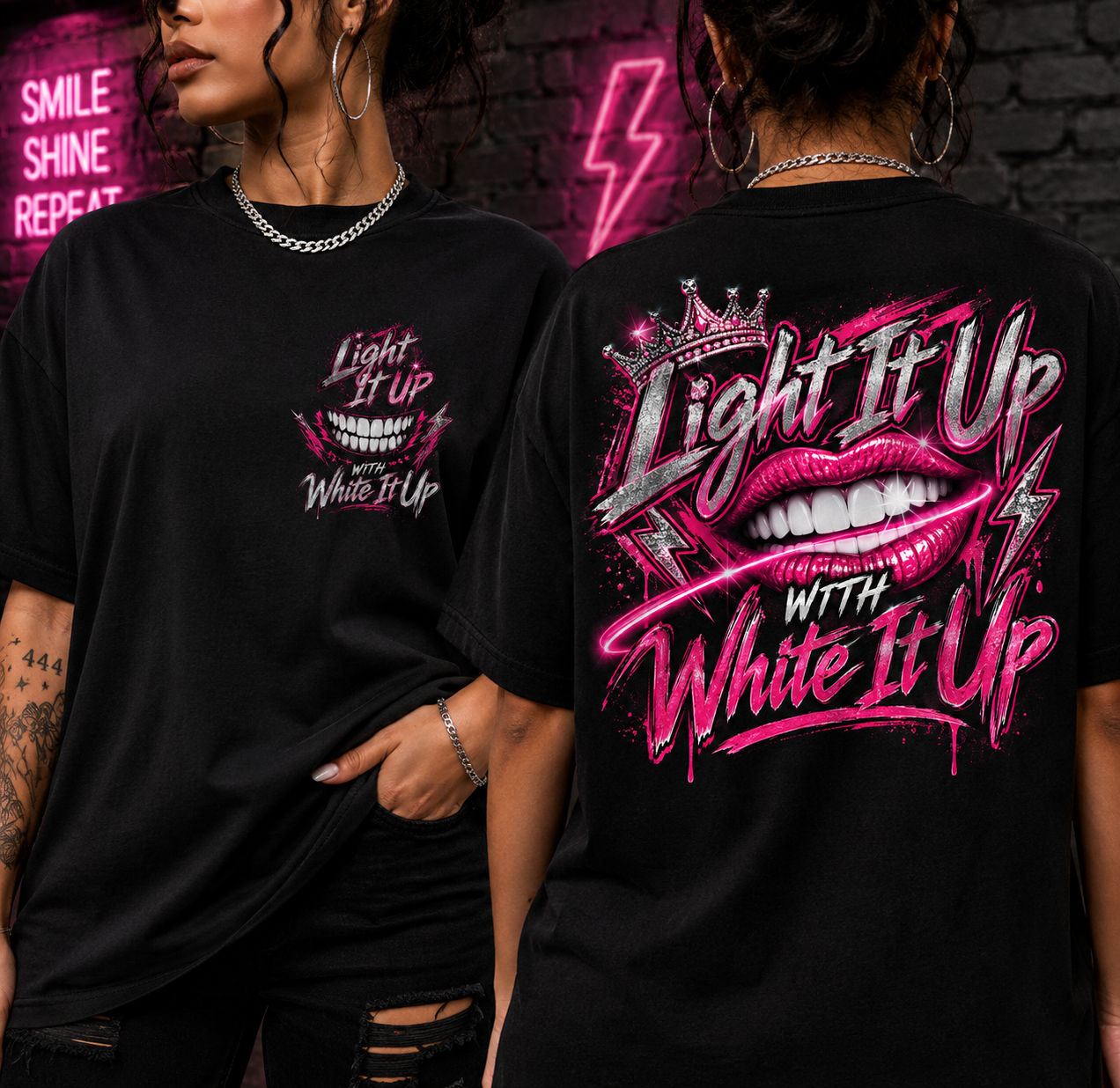 White It Up branded T-shirts with bold pink and silver artwork